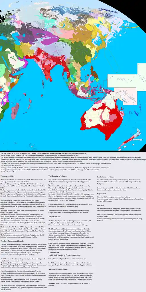 A colorful alternate history world map showing a drastically altered geopolitical landscape after a meteor shower called…