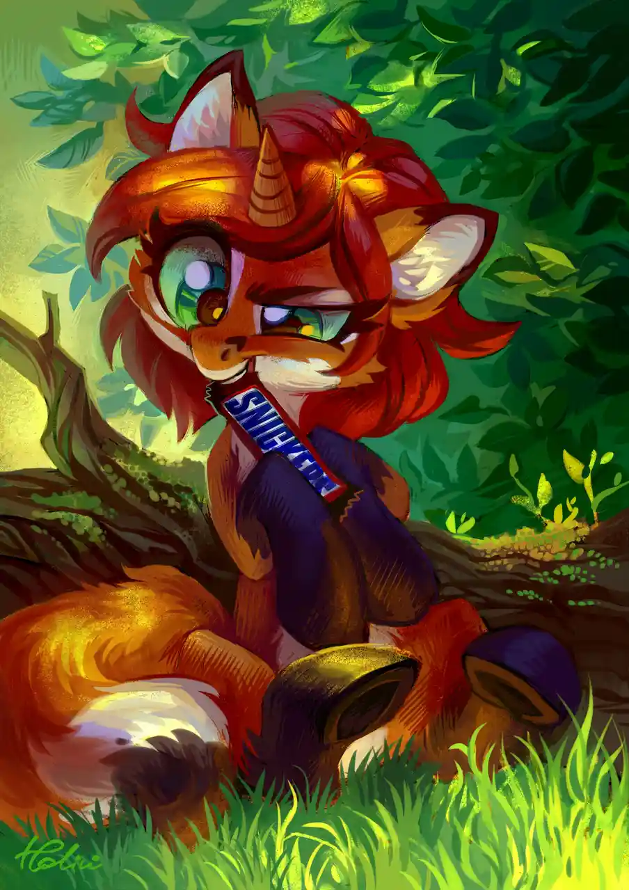 A cartoon fox with a unicorn horn and one eye closed sits in a forest, holding a Smirnoff vodka bottle to its mouth. The…
