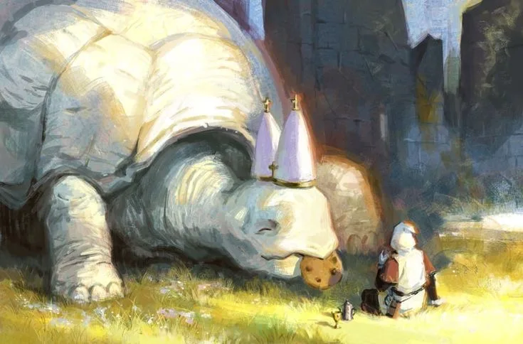 A large, white, armored turtle wearing a purple and gold crown is peacefully eating a chocolate chip cookie while a small…