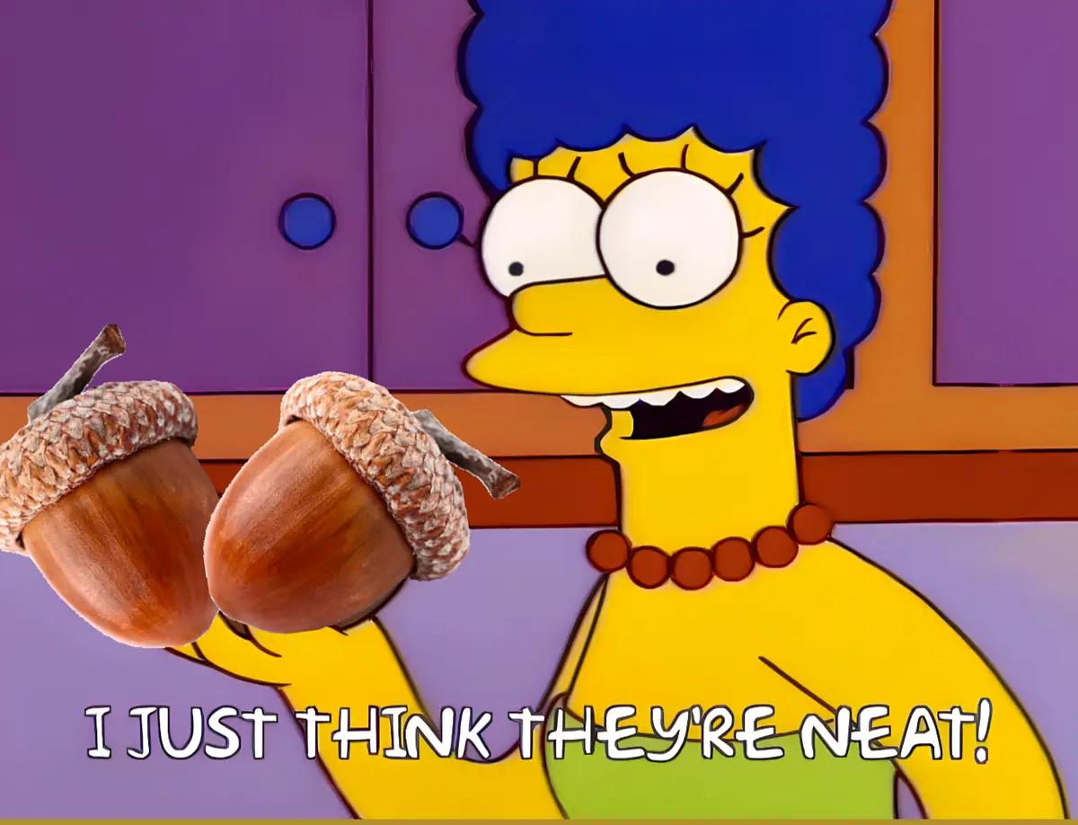 Marge Simpson holds two acorns in her hands with a cheerful, slightly oblivious expression. The overlaid text reads 'I JUST…