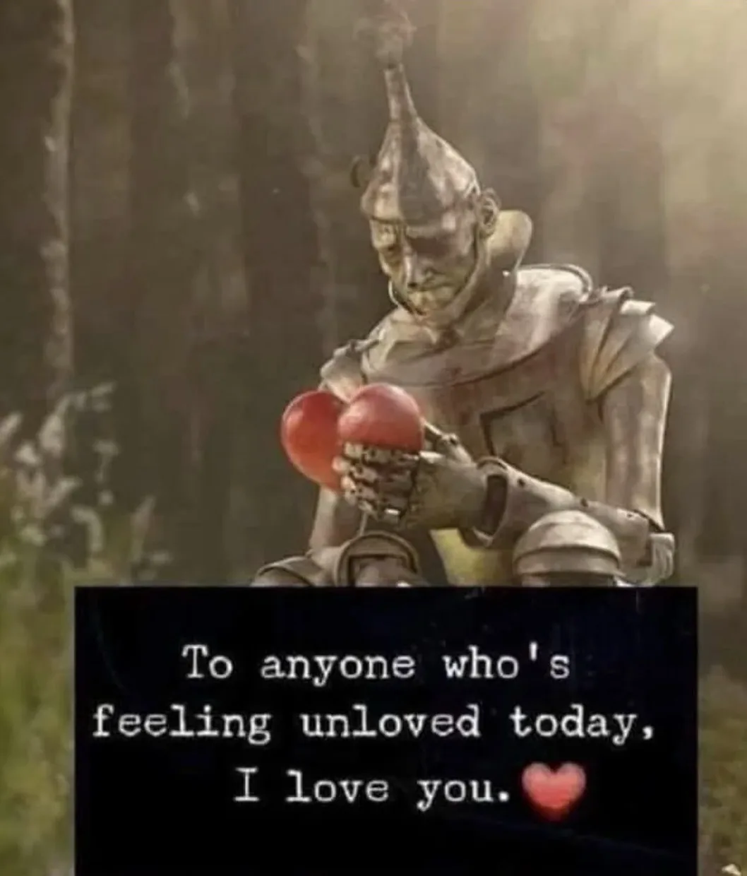 The image shows the Tin Man from The Wizard of Oz holding a red heart-shaped object. A black text box at the bottom reads…