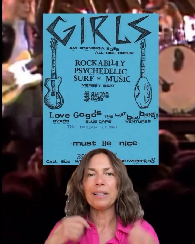 A woman in a pink shirt is superimposed over a vintage-style blue poster advertising a fictional 'all-girl group' called…