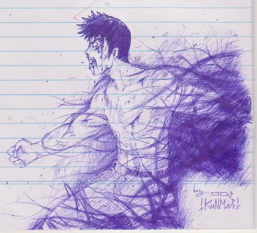 A rough purple ink sketch on lined notebook paper depicts a muscular anime-style man with spiky hair, screaming with his…