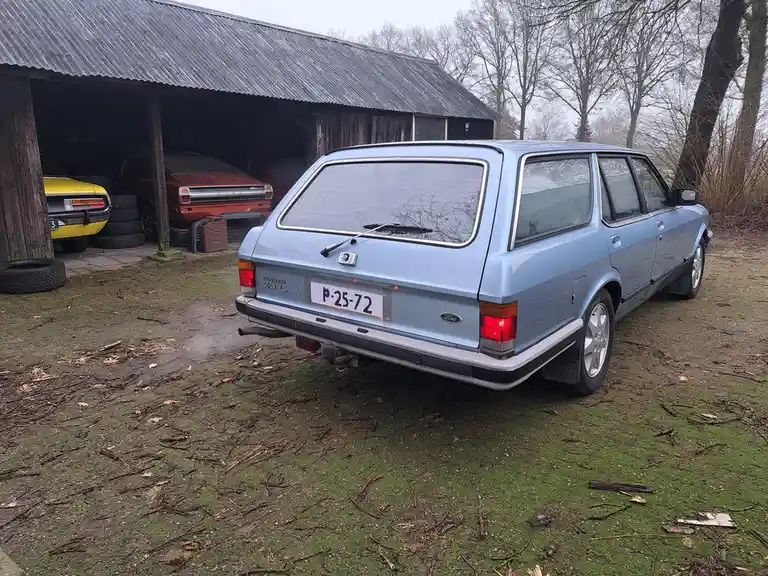 A light blue 1980s Ford Granada 2.8L station wagon is parked on a grassy, twig-strewn yard in front of a rustic wooden shed…