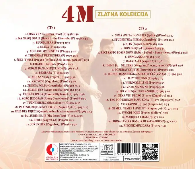 The image displays the back cover of a Croatian music compilation album titled '4M ZLATNA KOLEKCIJA'. It features a faded…
