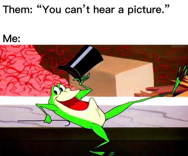 A green cartoon frog wearing a top hat and bow tie strikes a confident, theatrical pose with one leg kicked up and a wide…