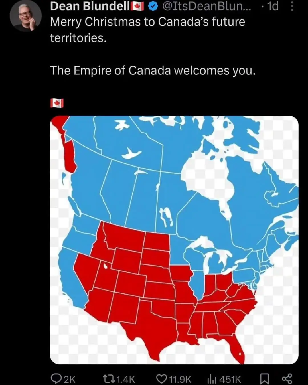 A map of North America shows the United States in red and Canada in blue, with the overlaid text reading 'Merry Christmas to…