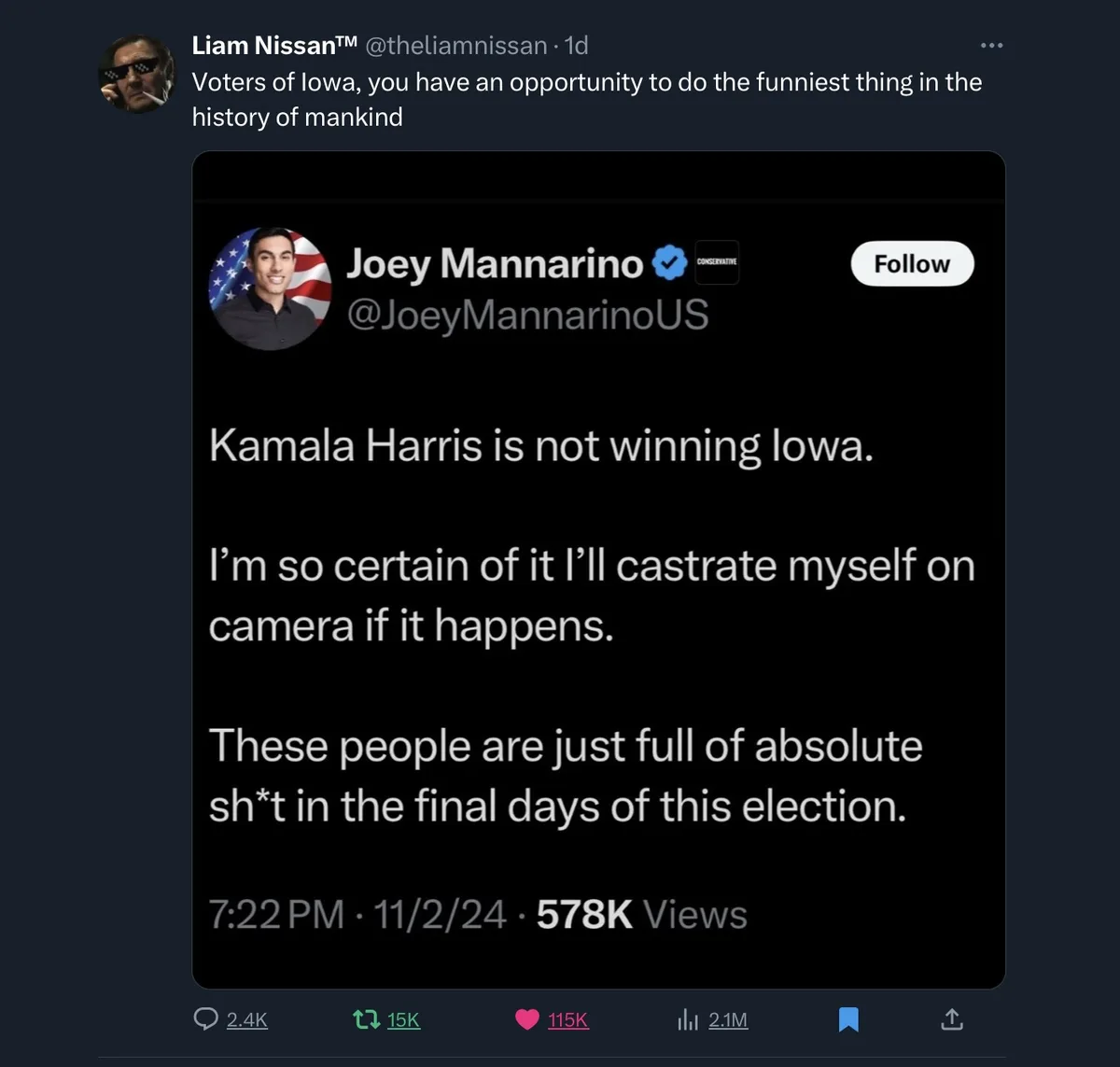 A screenshot of a tweet by Joey Mannarino, who claims Kamala Harris won't win Iowa and vows to castrate himself on camera if…