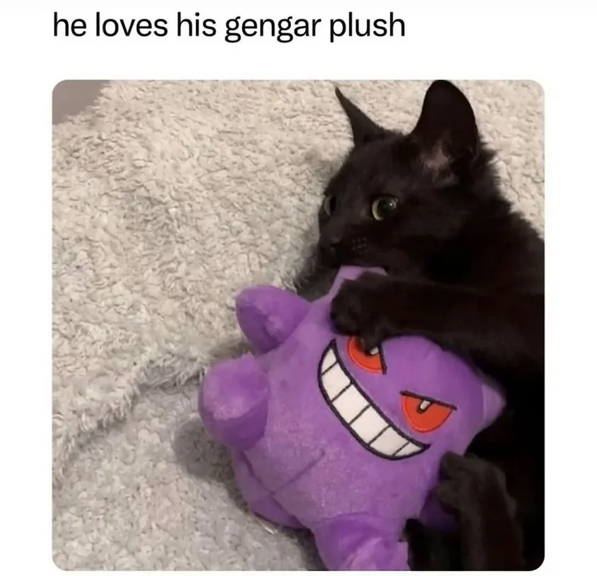 A black cat is lying on a fluffy white rug, cuddling a purple Gengar plush toy that has a wide, toothy grin and red eyes…