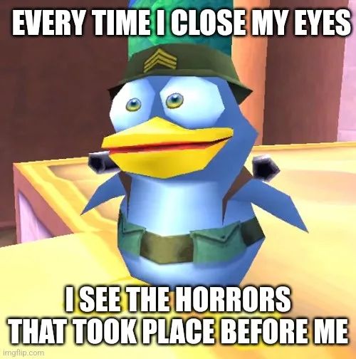 A blue cartoon penguin wearing a green military-style hat and vest with sergeant stripes, standing in front of a yellow…
