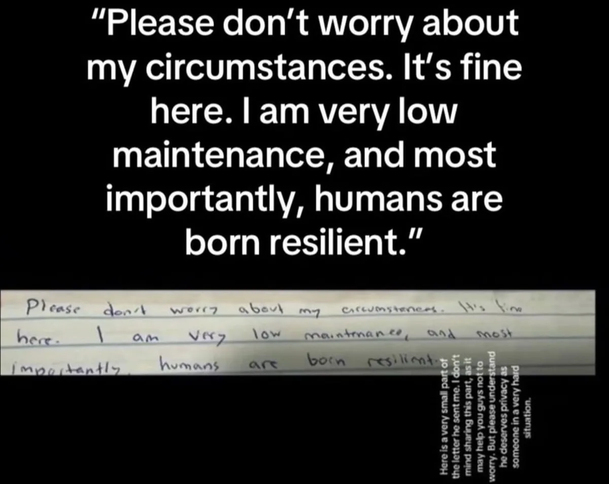 A black background displays large white text quoting a handwritten note: 'Please don't worry about my circumstances. It's…