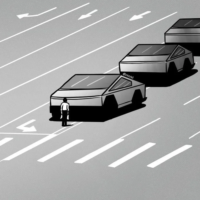 A black-and-white illustration shows a person standing in the middle of a multi-lane road, facing a row of futuristic…