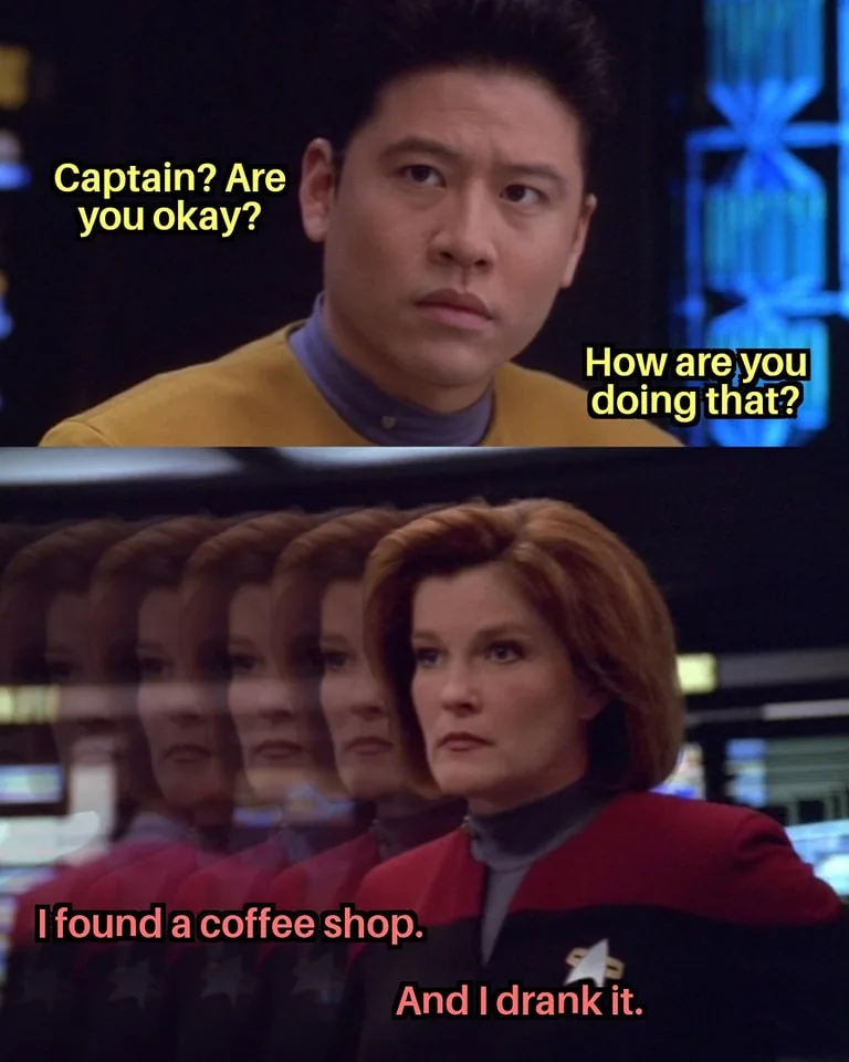 The top panel shows a Star Trek character in a yellow uniform looking concerned, with text asking 'Captain? Are you okay?'…