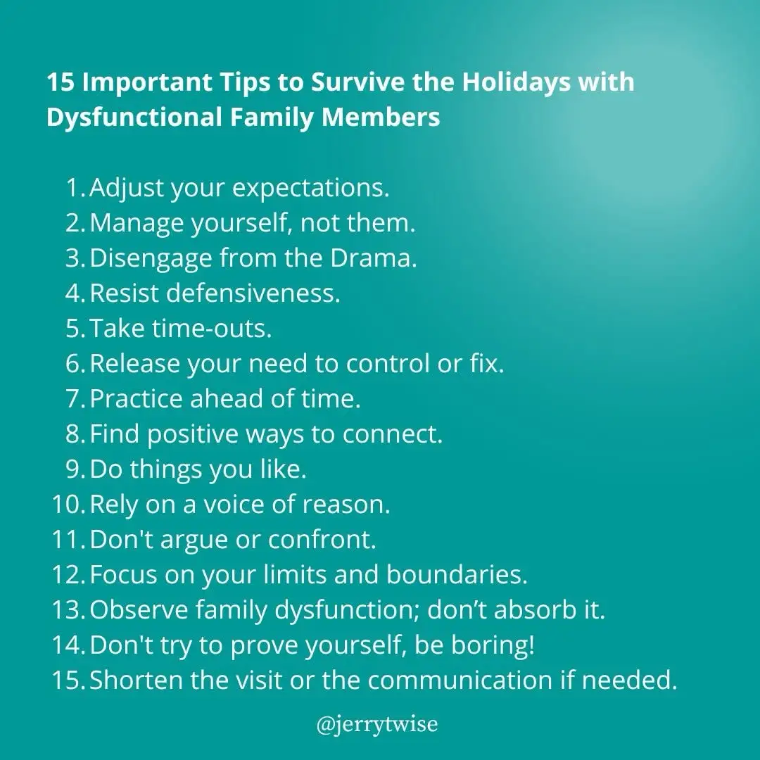 A teal background displays a numbered list titled '15 Important Tips to Survive the Holidays with Dysfunctional Family…