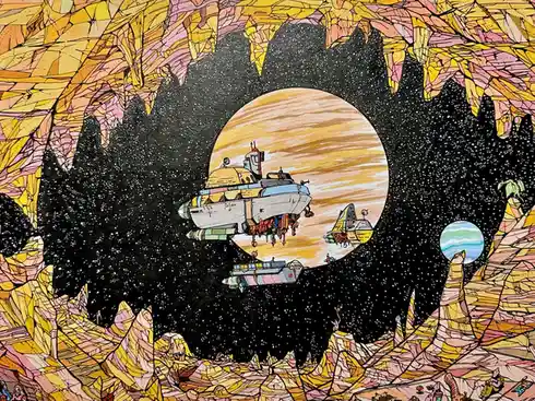 A colorful, stylized illustration depicts a starfield viewed from inside a cavernous, rocky tunnel with yellow and pink…