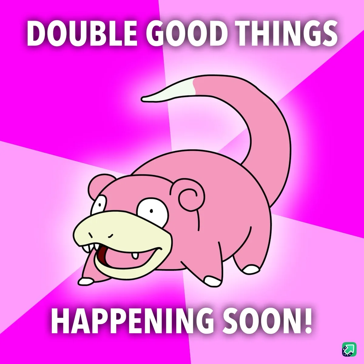 A pink cartoon Pokémon, Slowpoke, with a wide, toothy grin and a long curved tail, is centered against a vibrant pink and…