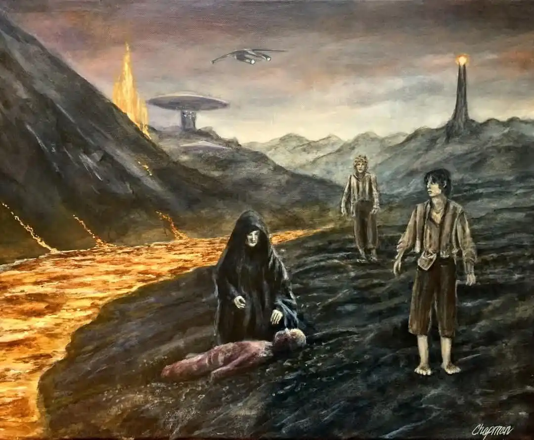 A painting depicts three figures in a desolate, alien landscape with lava flows and futuristic structures. One figure in a…
