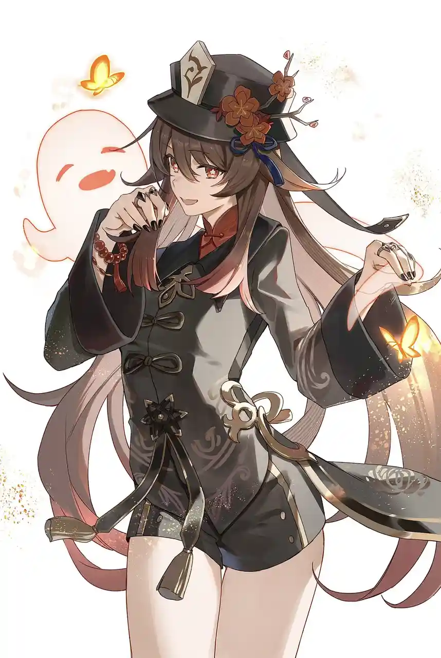 An anime-style illustration of a young woman with long brown hair, wearing a black top hat decorated with orange flowers and…