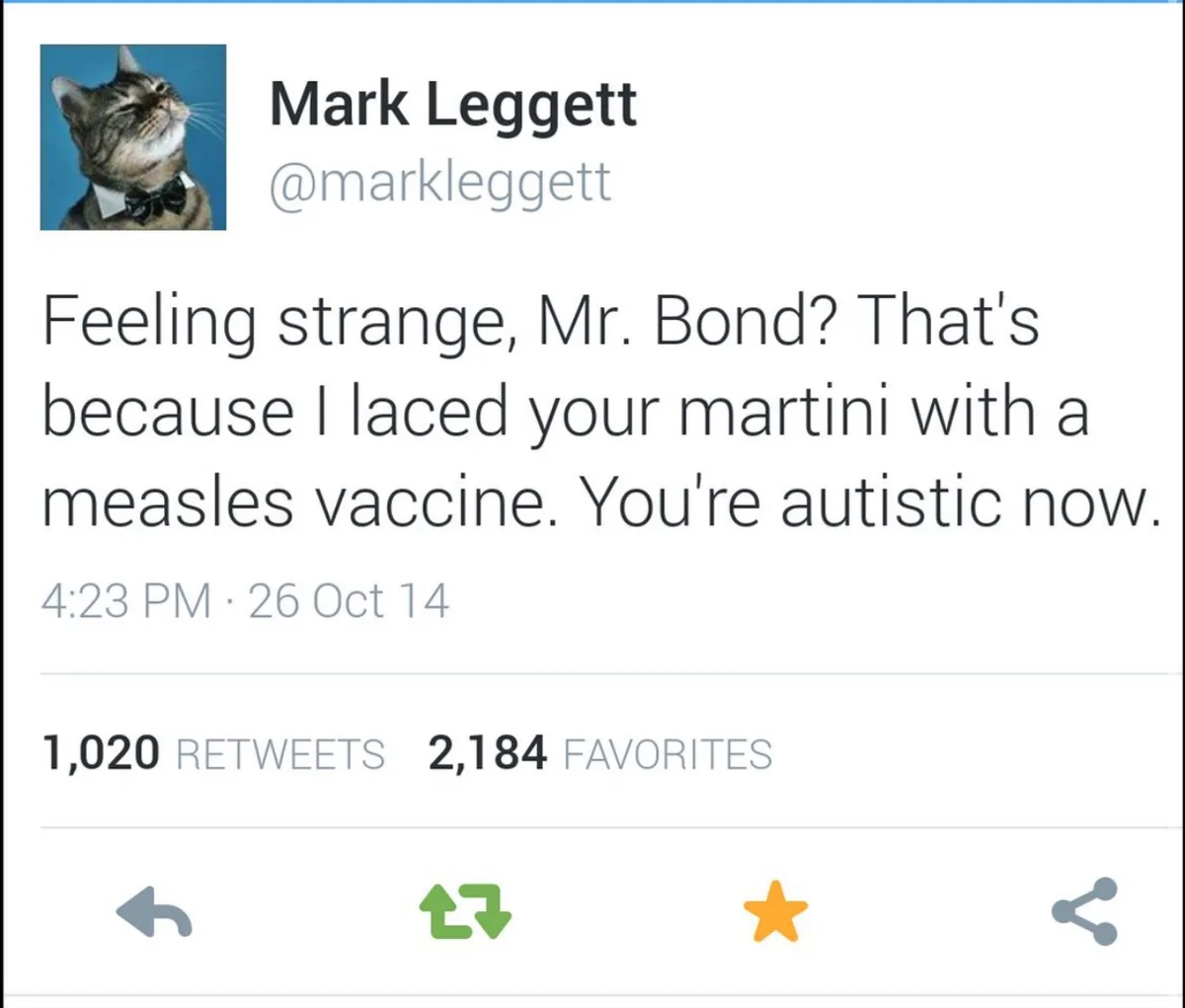 A screenshot of a Twitter post by Mark Leggett, whose profile picture is a cat wearing a bowtie. The tweet reads: 'Feeling…