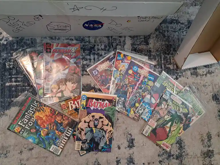 A collection of comic books, including Gundam, Batman, Fantastic Four, and Spider-Man issues, are spread out on a carpet…
