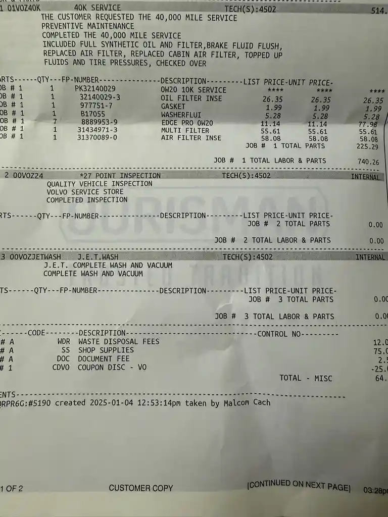 A close-up photo of a car service receipt from a Volvo dealership showing a 40,000-mile service that cost $740.26 for parts…