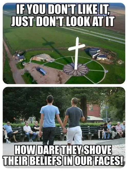The meme has two panels. The top panel shows an aerial view of a large white cross in a green field with a shadow of a cross…