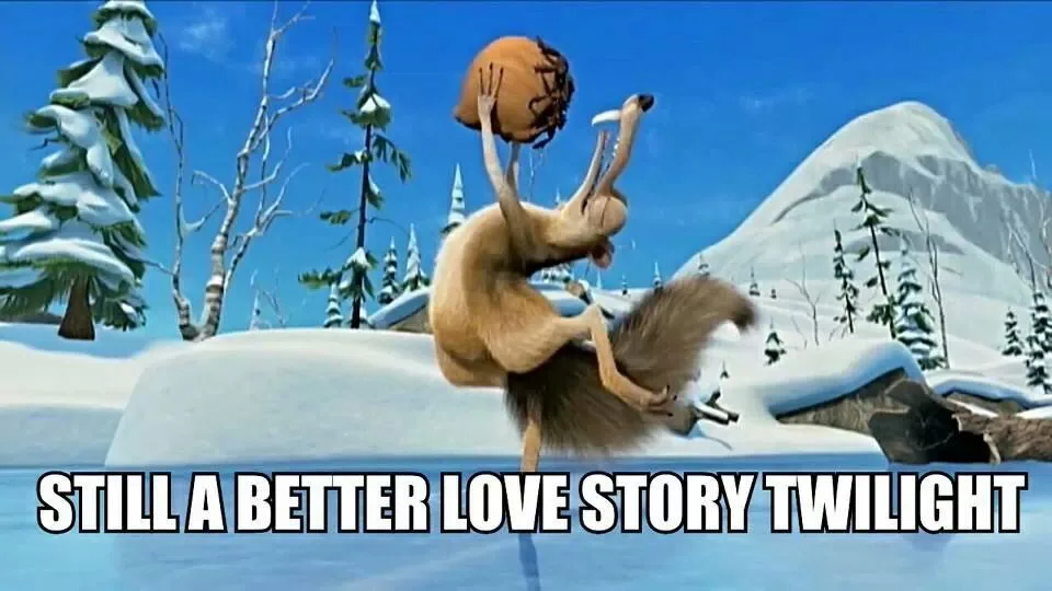 A cartoon squirrel from Ice Age is shown in a snowy landscape, upside down and holding a nut above its head with both hands…