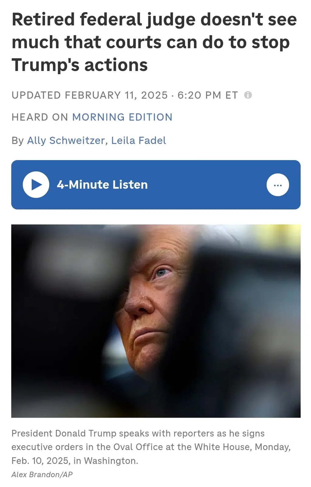A screenshot of a news article with a headline about a retired federal judge's view on stopping Trump's actions, featuring a…