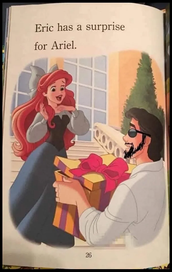 A page from a Disney Princess storybook shows Ariel looking surprised as Eric, wearing a black eye patch and sporting a…