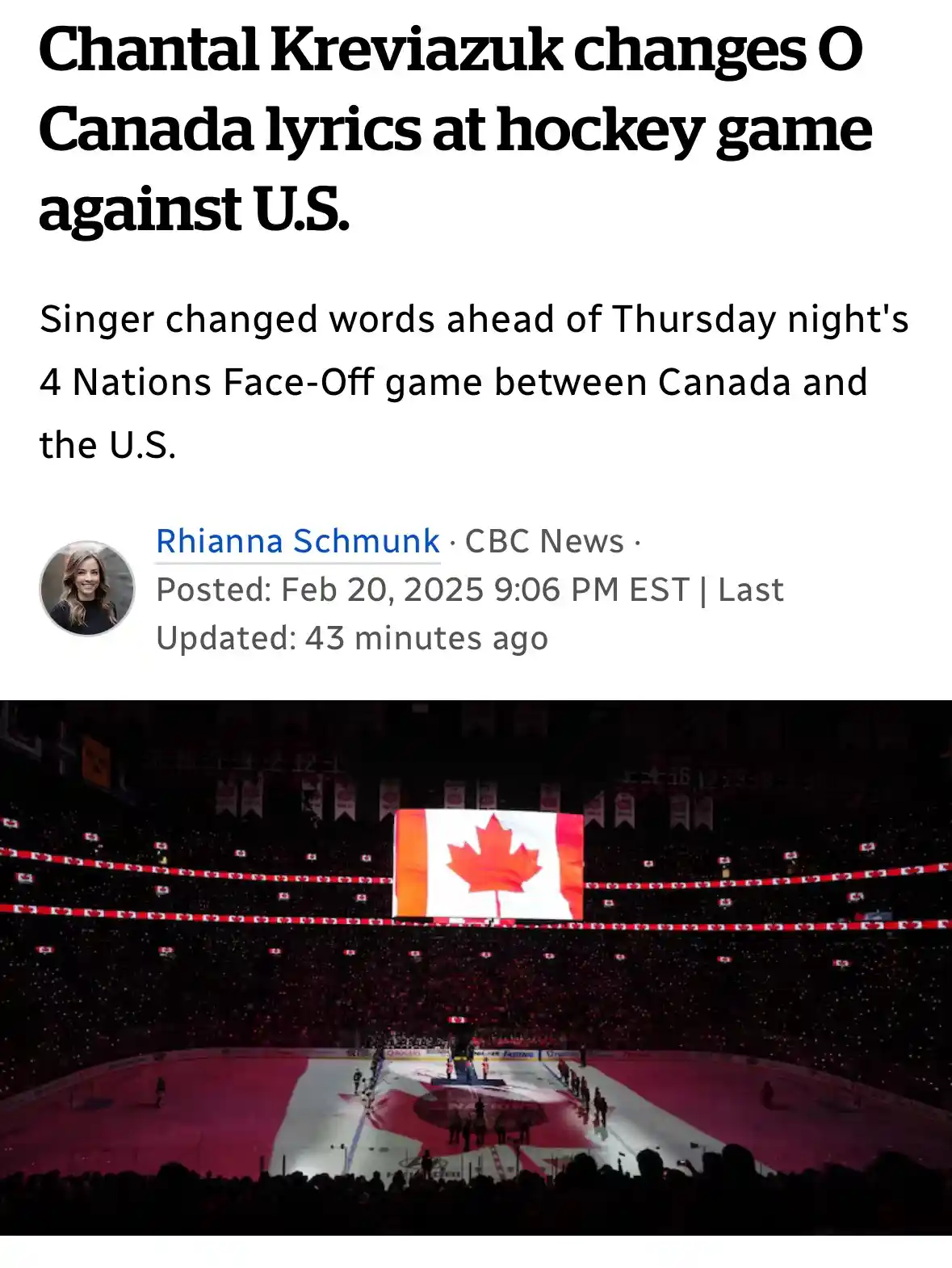 The image shows a news article headline about singer Chantal Kreviazuk altering the lyrics of 'O Canada' before a hockey…