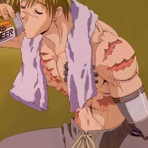 An anime-style male character with visible wounds and bandages is drinking from a can labeled 'BEER'. He has a towel draped…
