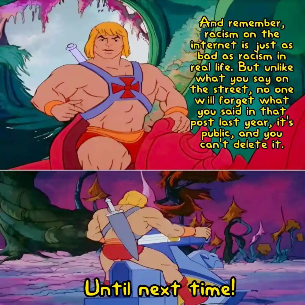 The image is a two-panel meme featuring He-Man from the animated series. In the top panel, He-Man sits confidently with a…