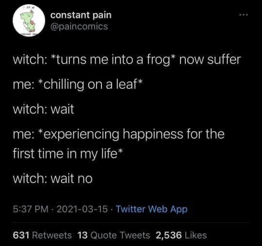 A screenshot of a Twitter post by @paincomics showing a text-based joke where a witch turns the narrator into a frog, but…