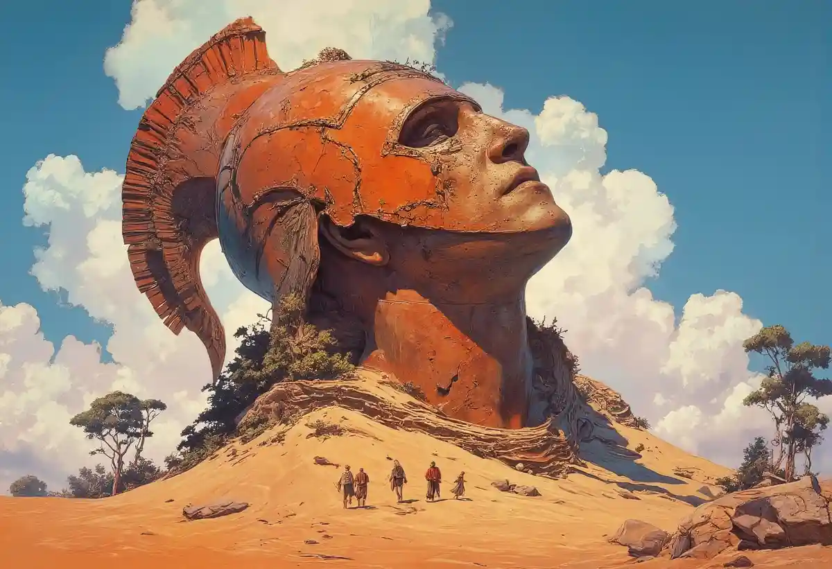 A massive, weathered stone head sculpture resembling a ram or sphinx with a broken helmet-like crest dominates a desert…
