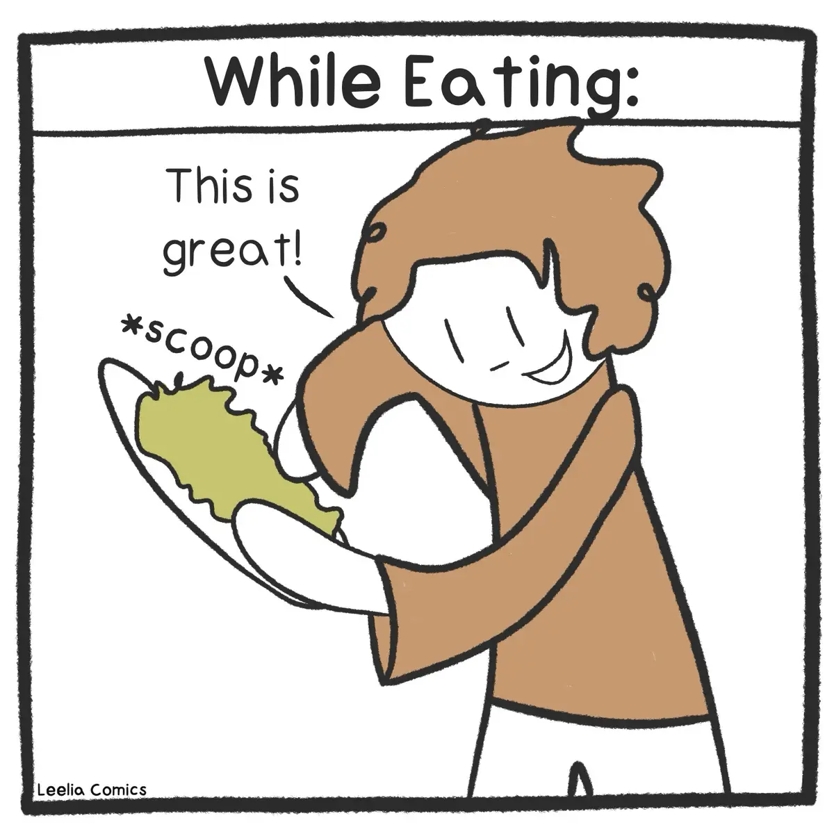 A cartoon person with brown hair and a brown shirt happily embraces a plate holding a single green scoop of food, smiling…