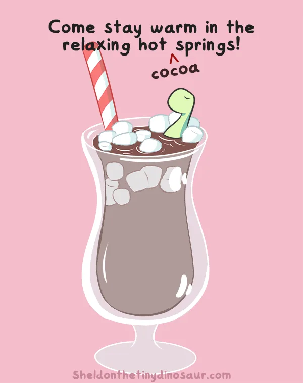 A cartoon illustration of a tall glass filled with hot cocoa and marshmallows, with a red-and-white striped straw. A small…