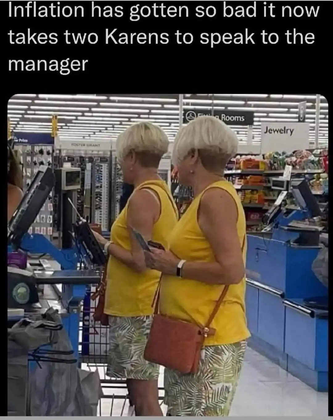 Two identical-looking women with short blonde hair, wearing matching yellow tank tops and patterned shorts, stand…