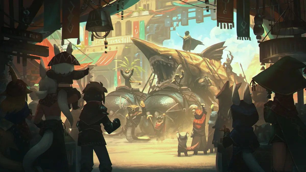 An illustrated fantasy scene depicts a bustling marketplace with various anthropomorphic characters watching a large…