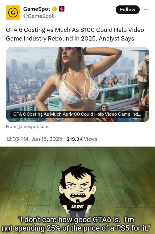 The image is a two-part meme. The top part shows a screenshot of a GameSpot tweet from January 15, 2025, with the headline…