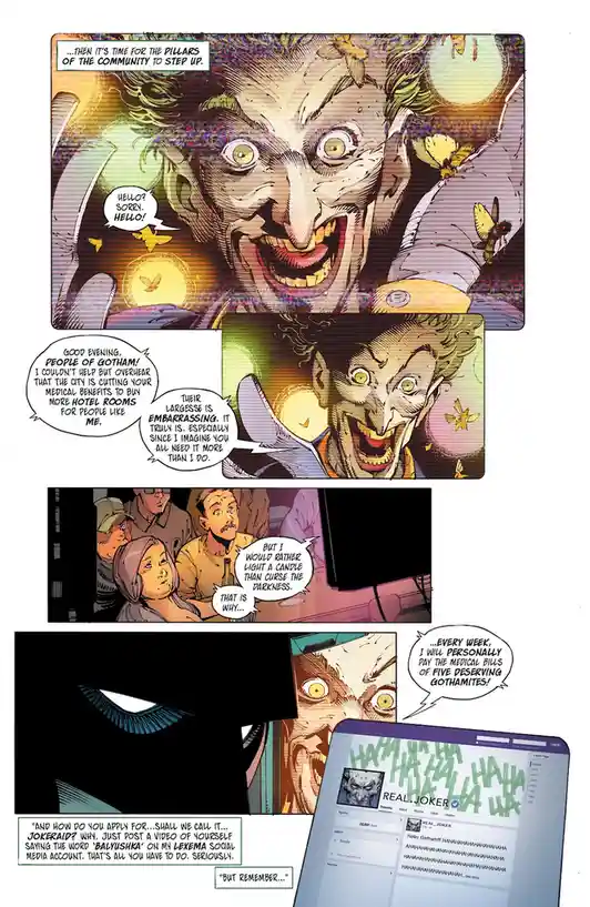 A comic panel shows the Joker addressing Gotham citizens via a social media post, claiming he'll pay medical bills for five…