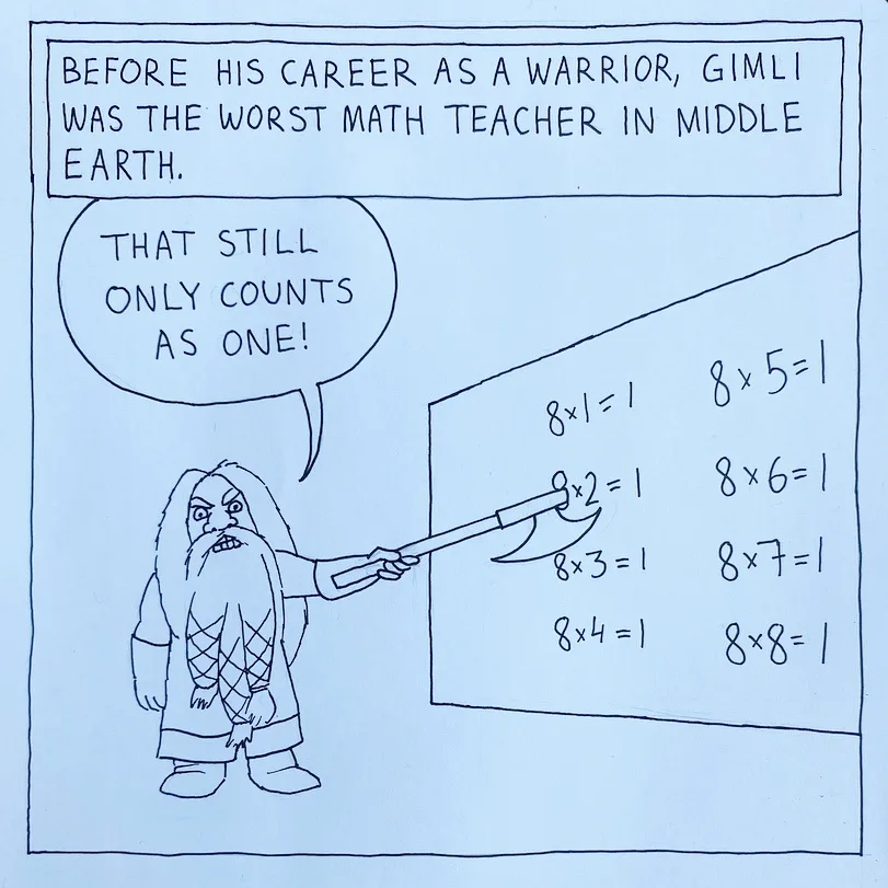 A hand-drawn comic panel shows Gimli, a dwarf from Lord of the Rings, angrily pointing a battle-axe at a chalkboard filled…