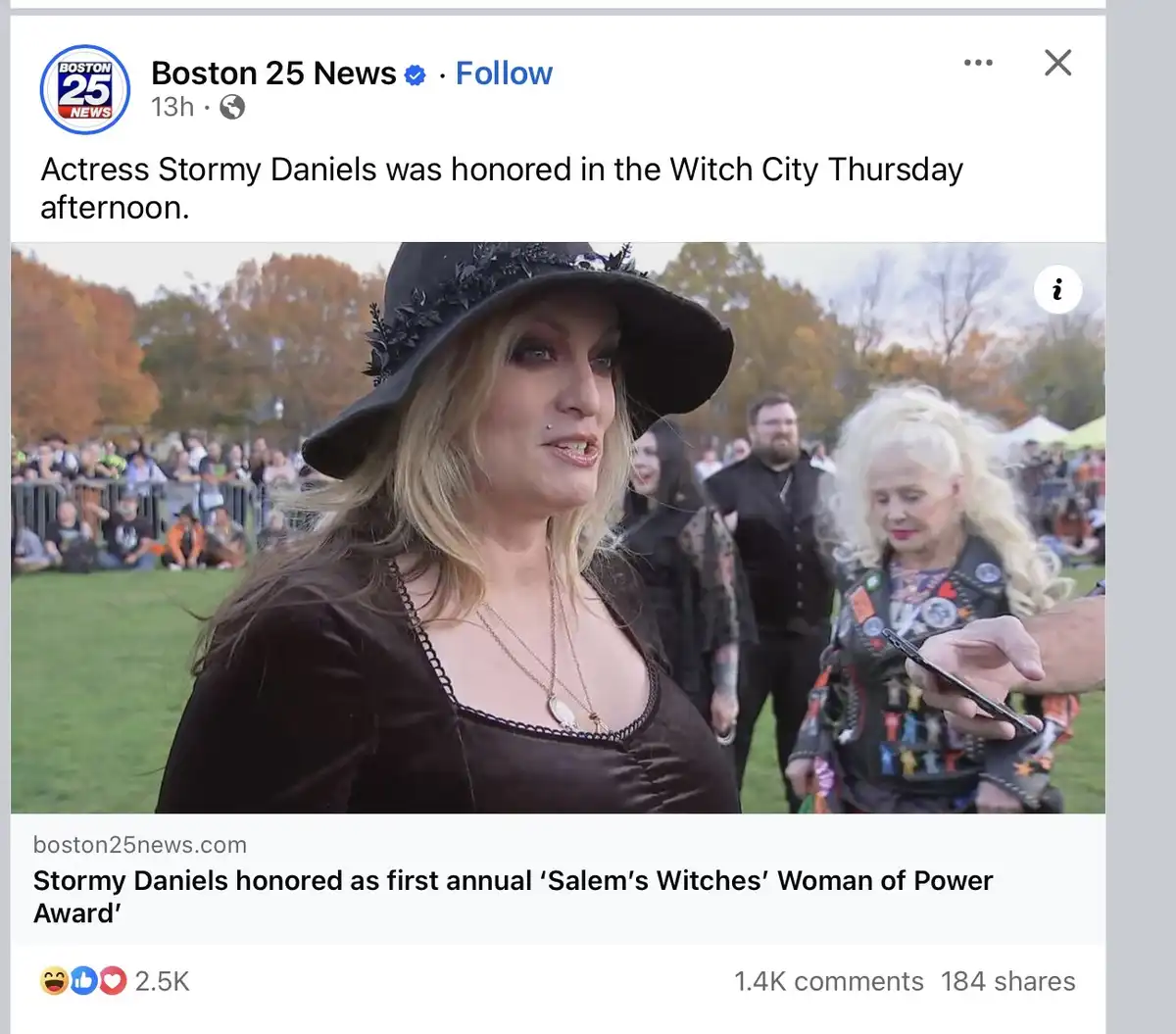 A screenshot of a Boston 25 News Facebook post showing actress Stormy Daniels wearing a black witch hat and dark clothing…
