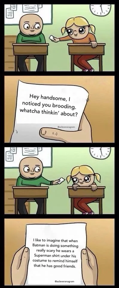 A four-panel comic strip shows a girl in pigtails giving a note to a bald boy in class. The note asks what he's brooding…