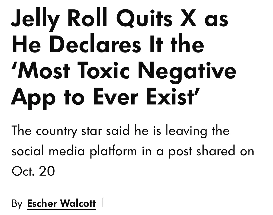The image displays a newspaper-style article headline stating that country singer Jelly Roll is quitting the social media…