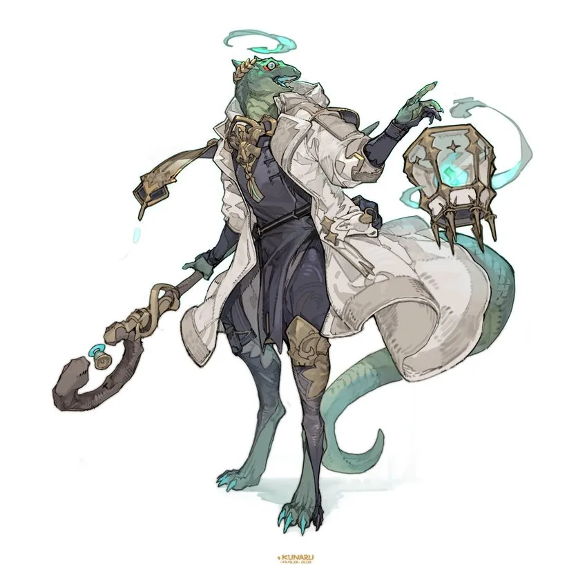 A green, reptilian humanoid with a long tail and clawed feet wears a white lab coat over dark clothing, holding a staff and…