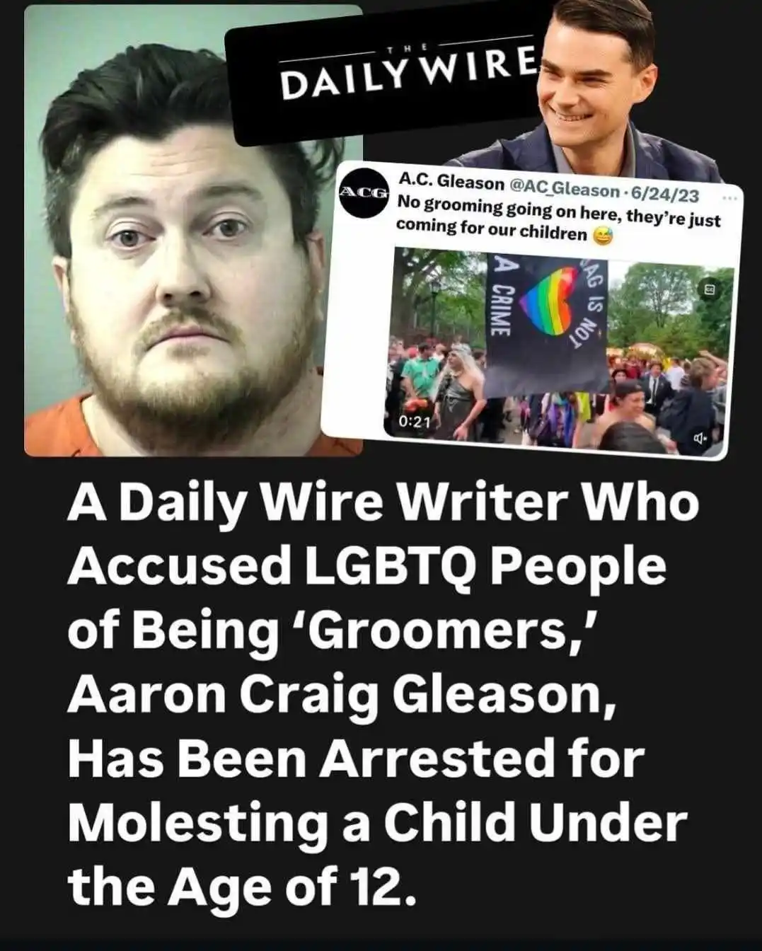 The image shows a mugshot of Aaron Craig Gleason on the left, with a screenshot of a tweet from him on the right. The tweet…