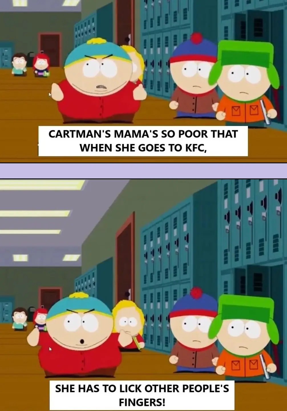 Two panels from South Park show Cartman, Stan, and Kyle in a school hallway. In the top panel, Cartman looks angry while…