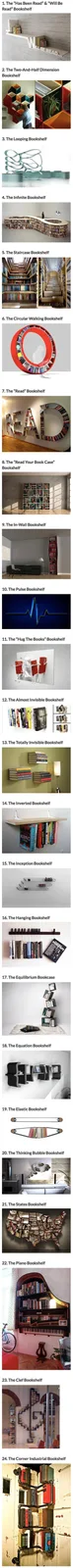 This image displays a vertical collage of 24 unique and creatively designed bookshelves, each with a distinct artistic or…