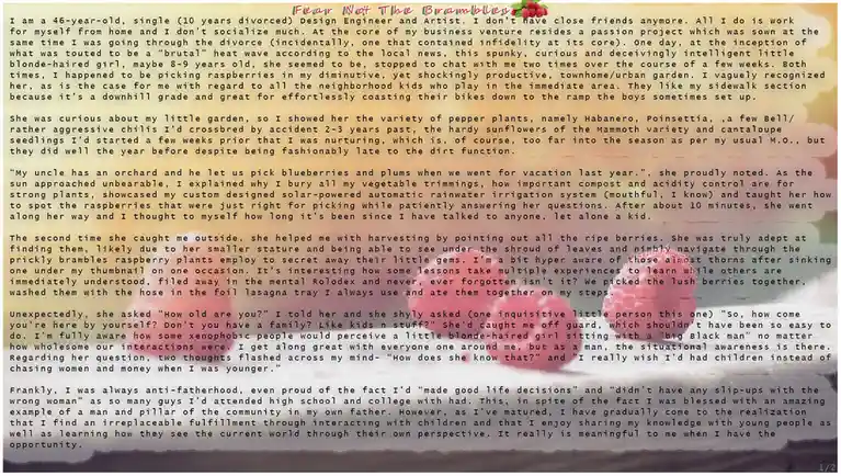 A long-form text overlay on a background image of raspberries, detailing a 46-year-old man's reflective story about…