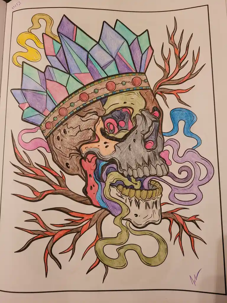 A colorful, hand-drawn illustration of a skull wearing a jeweled headdress, with swirling smoke and a smaller skull emerging…